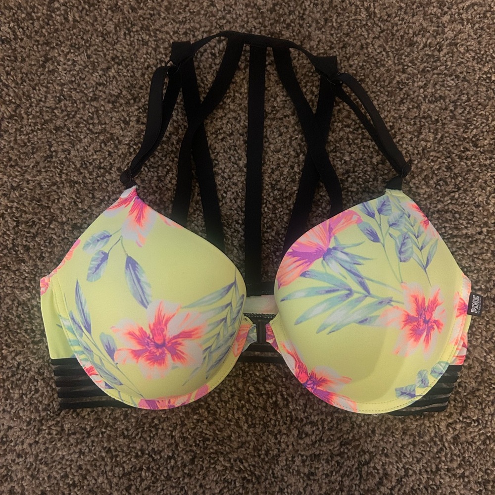 PINK Victoria's Secret Neon Lime Floral Strappy Push-Up Bra